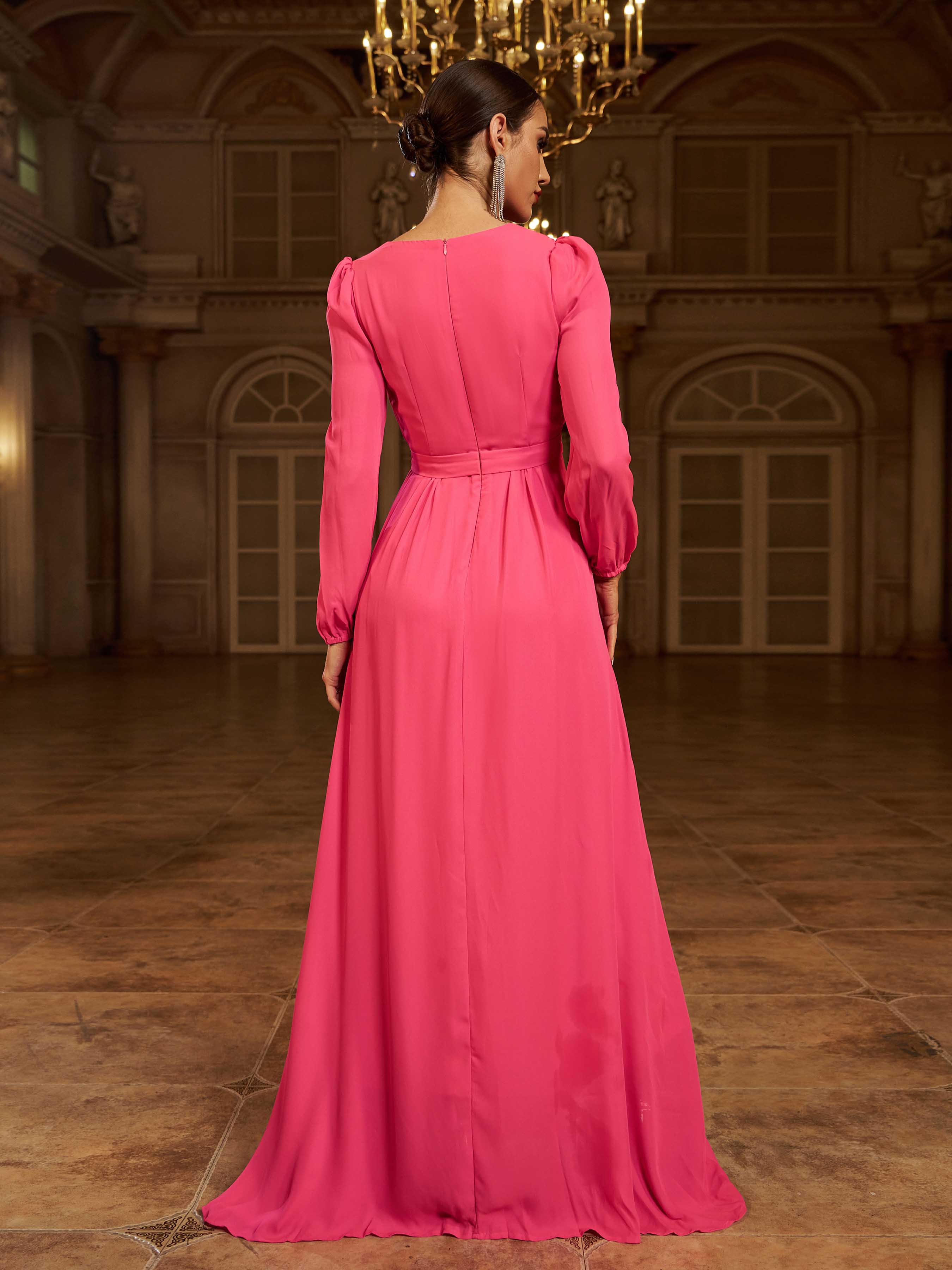 Formal V Neck A-Line Rose Red Chiffon Prom Dress