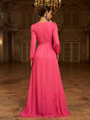 Formal V Neck A-Line Rose Red Chiffon Prom Dress
