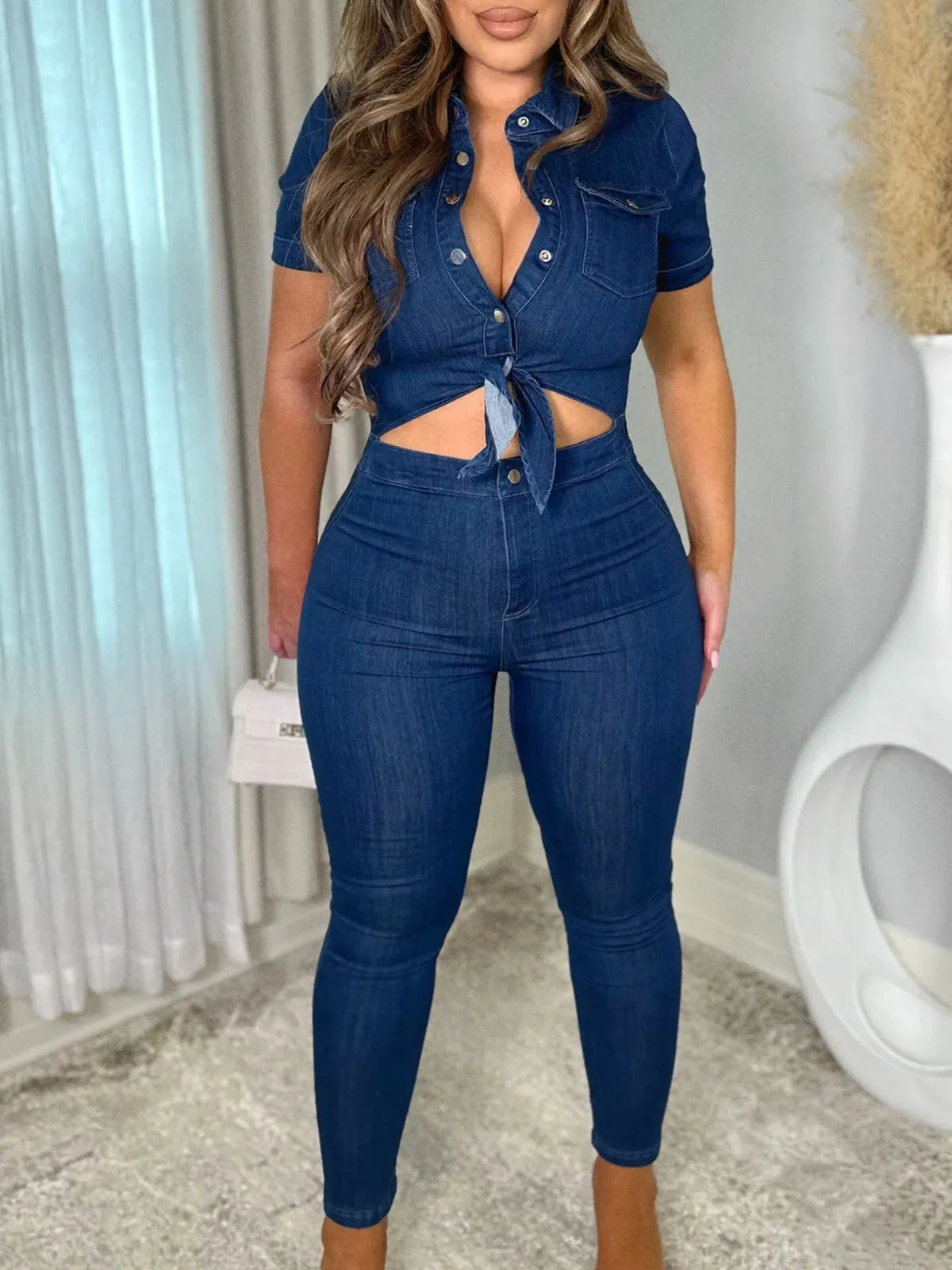 Skinny One Piece Romper Denim Jumpsuit