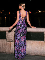Vintage Flower Split Sequin Prom Dress
