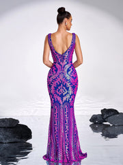 V Neck Sleeveless Tribal Sequin Black Dress