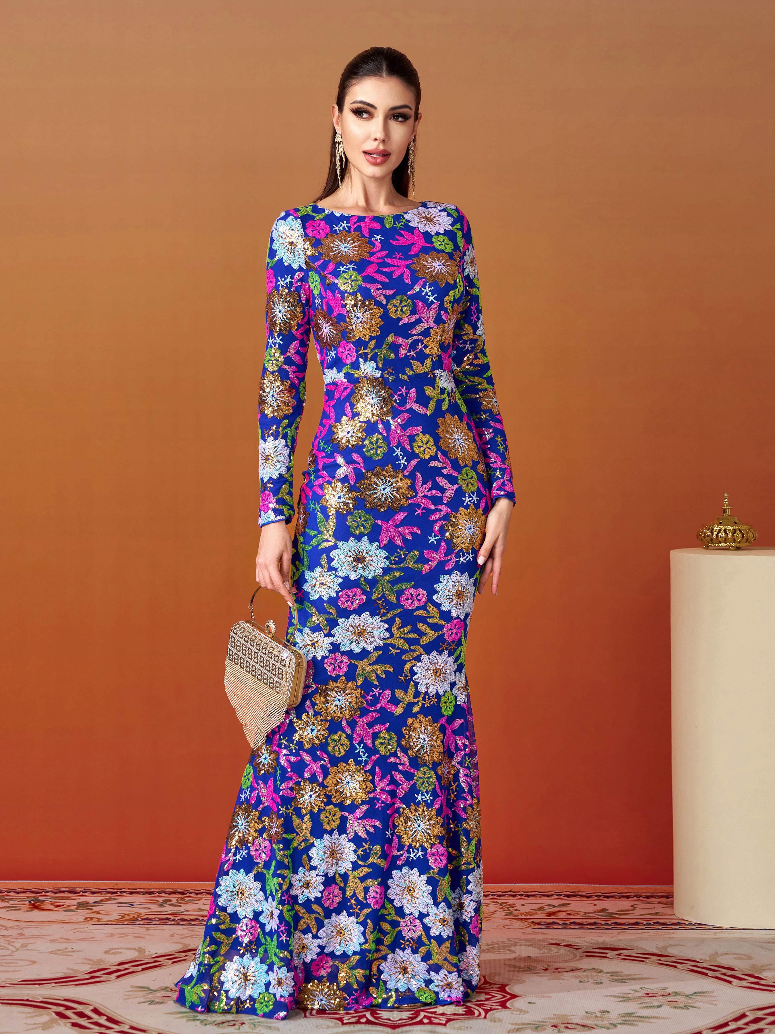 Crew Neck Floral Sequin Dress