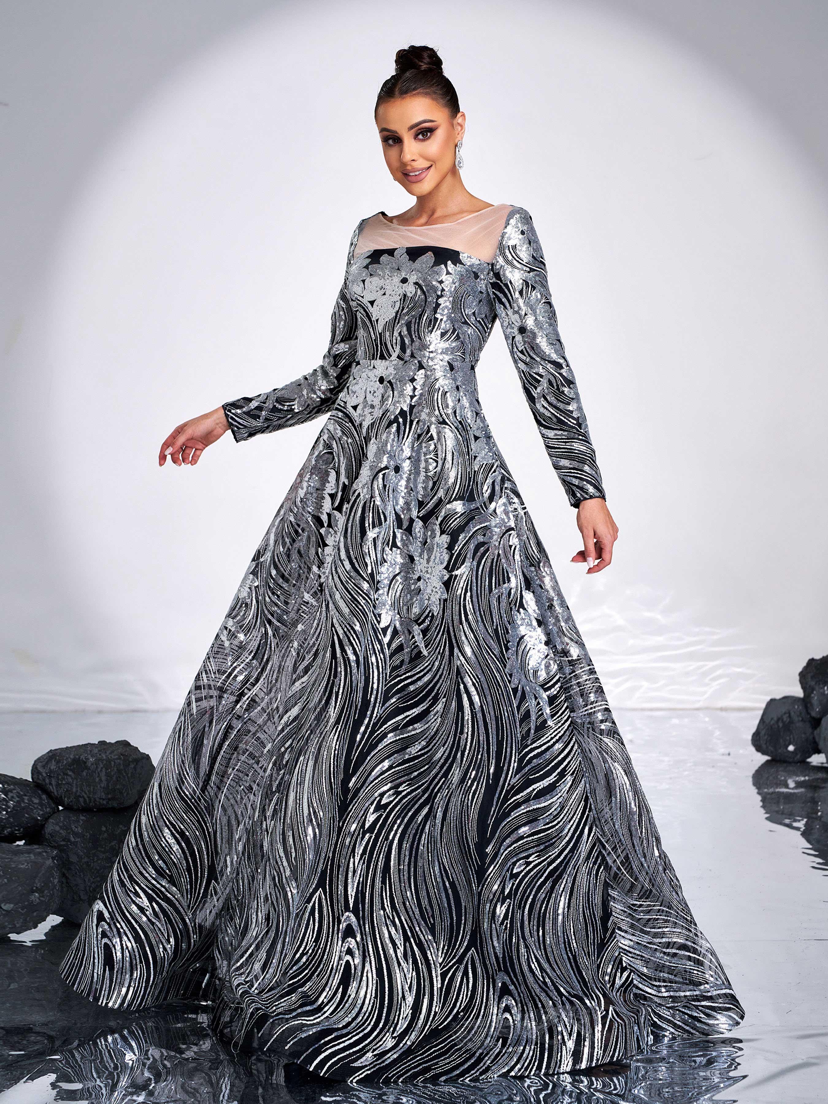 Black Panel A-line Sequin Evening Dress