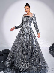 Black Panel A-line Sequin Evening Dress