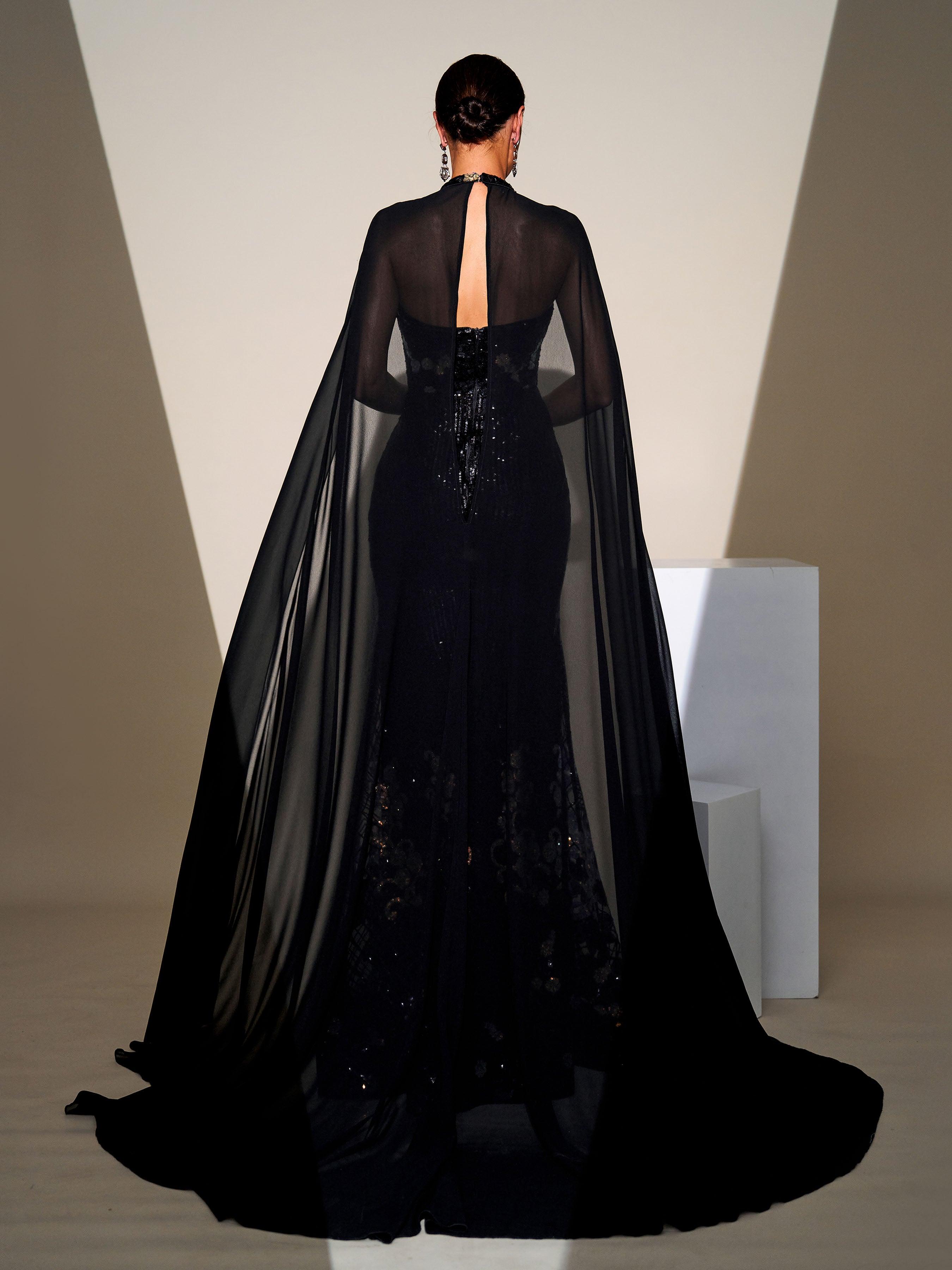 Cape Sleeve Mermaid Sequin Formal Dress
