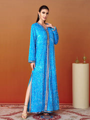 V-neck Long Sleeve Sequin Split Dress