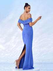 Off Shoulder Sequins Panel Black Evening Dress