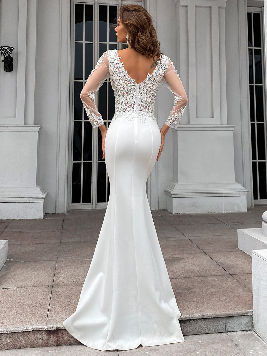 Elegant Long Sleeve Embroidered Applique Mermaid Evening Gown