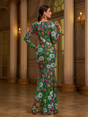 Green Floral Sequin Long Sleeve Prom Dress