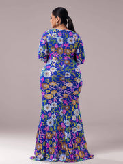 Plus Crew Neck Floral Sequin Dress