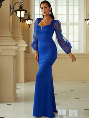 Lantern Sleeves Sweetheart Neck Mermaid Hem Blue Prom Dress