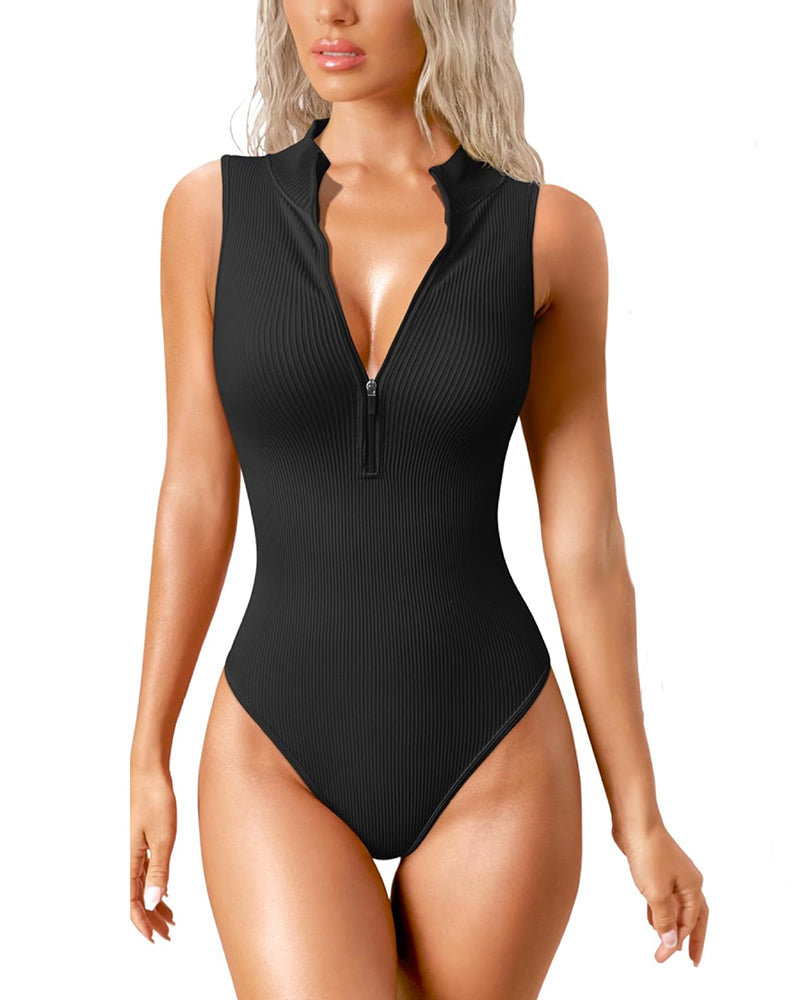 Ribbed Stretch Sleeveless Front Zipper Bodusuits