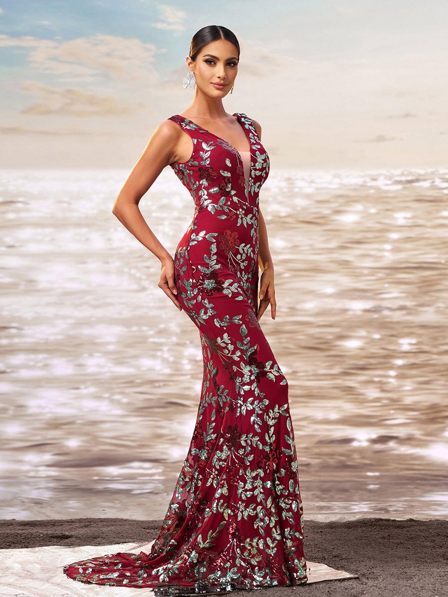 Floral V-neck Sequin Mermaid Prom Dress