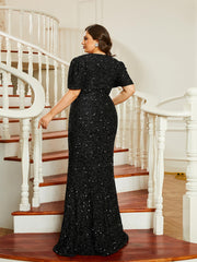 Plus Size Cutout Sequin Short Sleeve Prom Dress