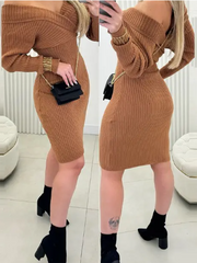 V Neck Off The Shoulder Long Sleeved Knitted Slim Fit Dress