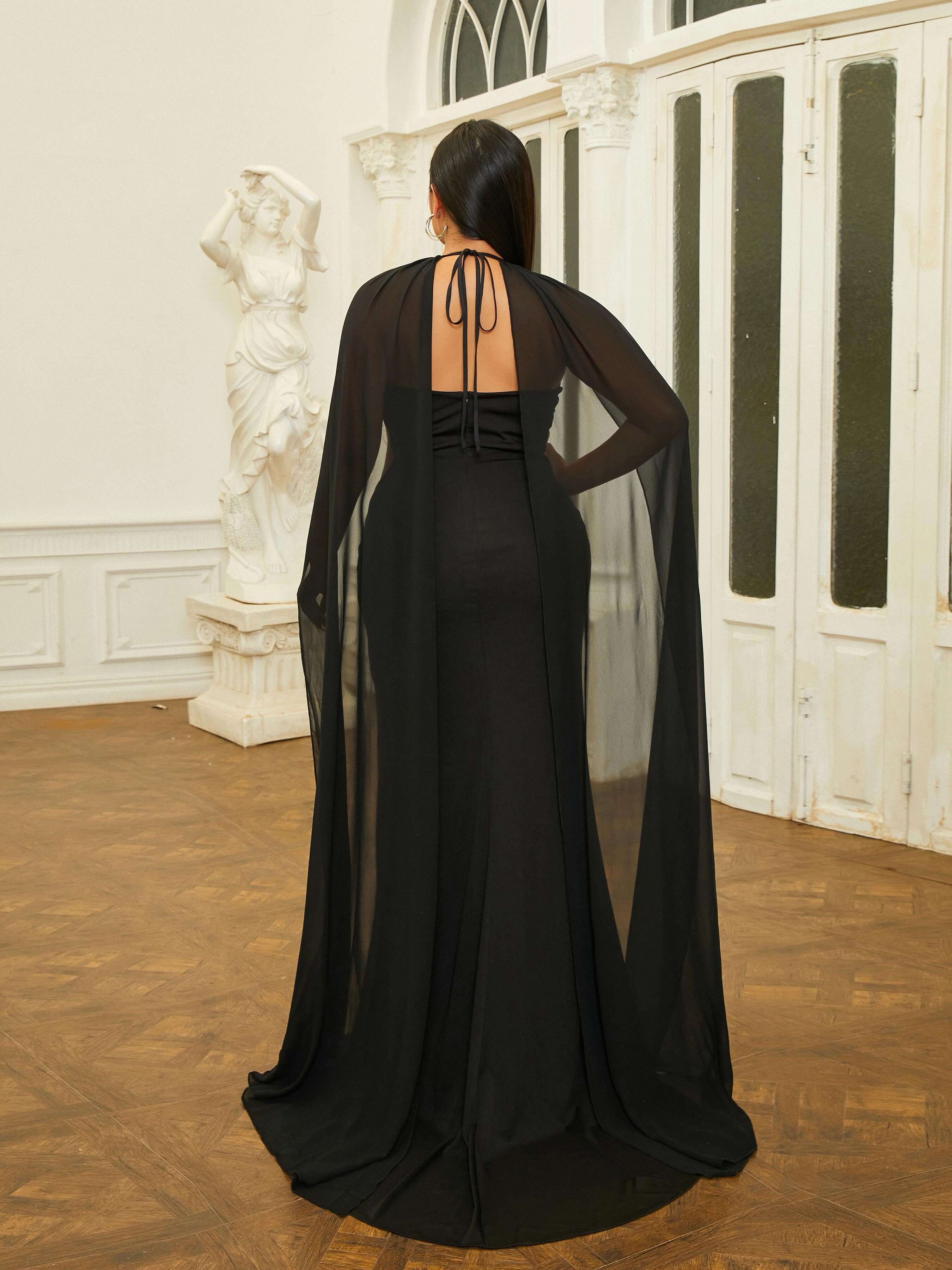 Plus Cutout Halter Split Black Prom Dress