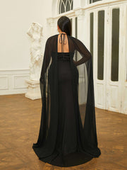 Plus Cutout Halter Split Black Prom Dress