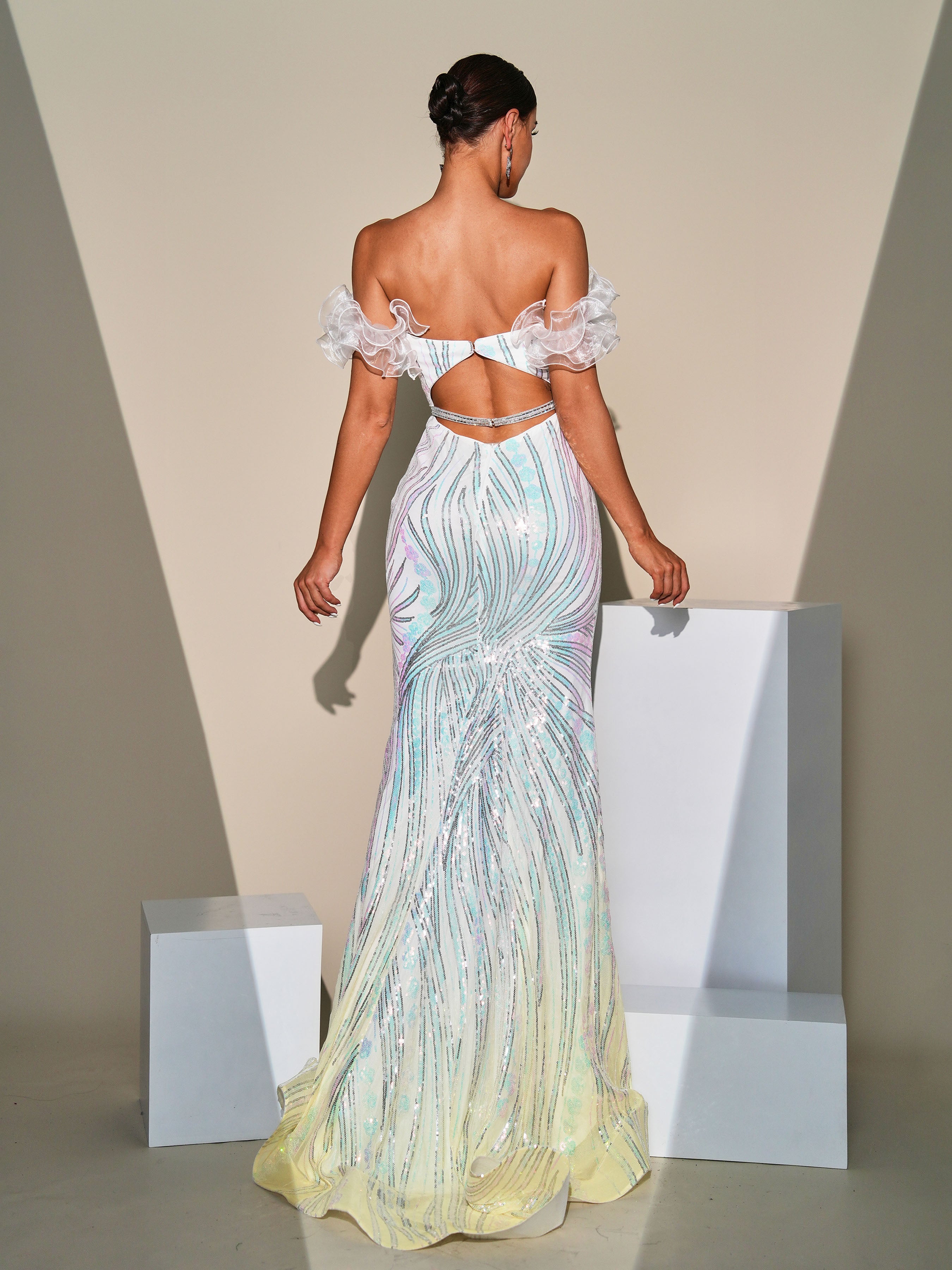 Off Shoulder Gradient Sequin Evening Dress
