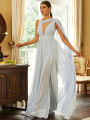 Gray Chiffon Cutout Elegant Draped Prom Dress