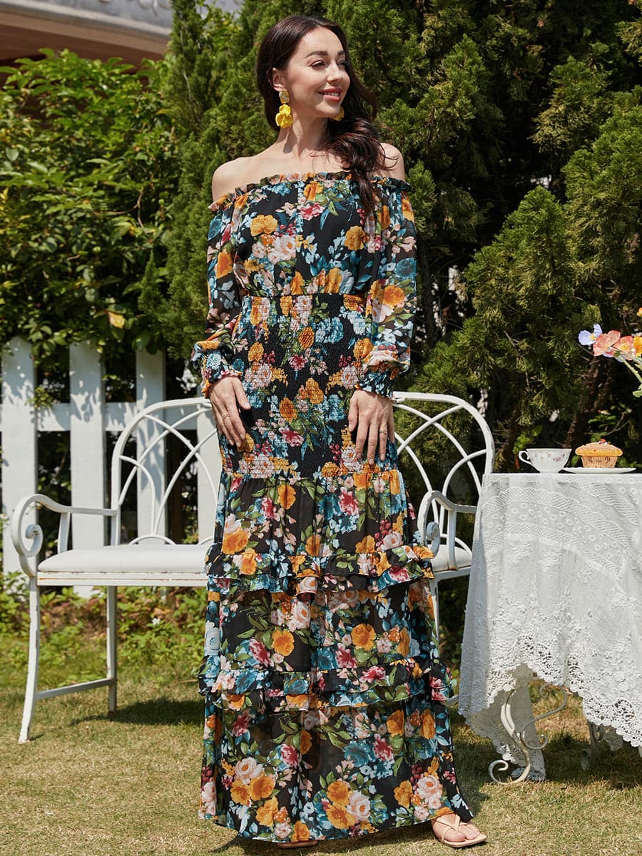 Ruffled Green Printed Casual Chiffon Dress