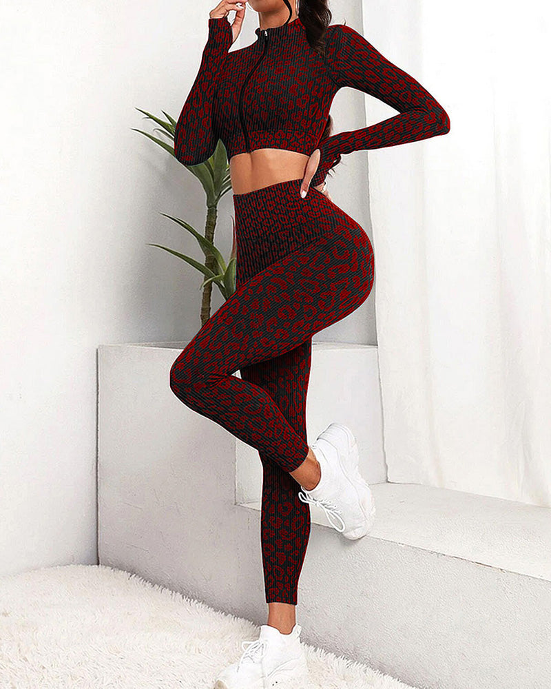 Leopard Zip-up High Waist Long Sleeve Trousers Two-piece Set