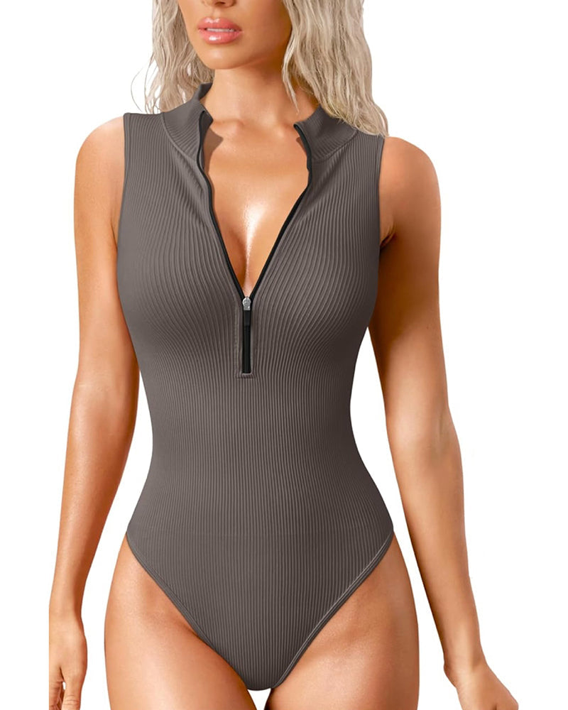 Ribbed Stretch Sleeveless Front Zipper Bodusuits