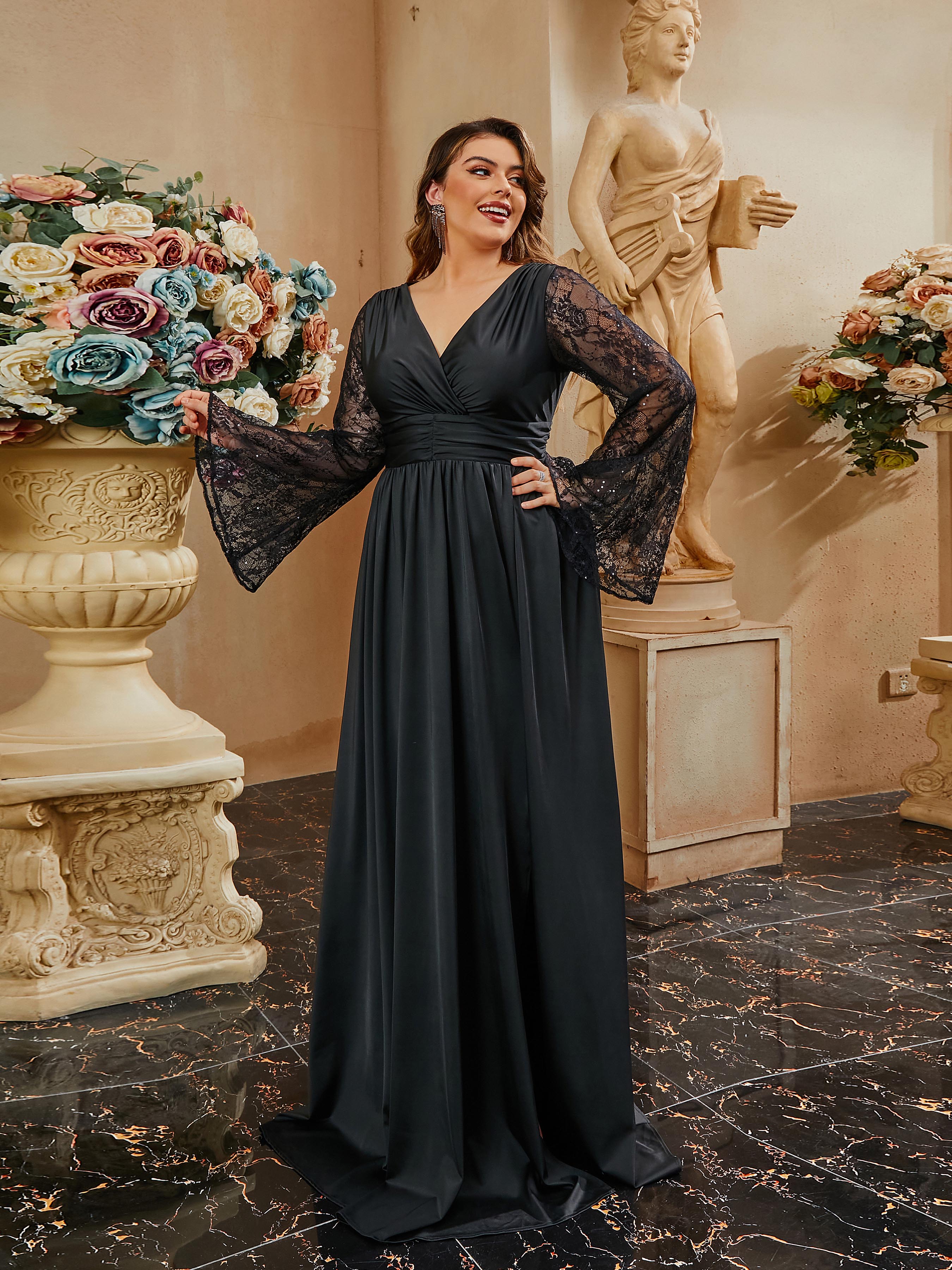Plus Size Wrap Ruched Lace Sleeve Black Dress