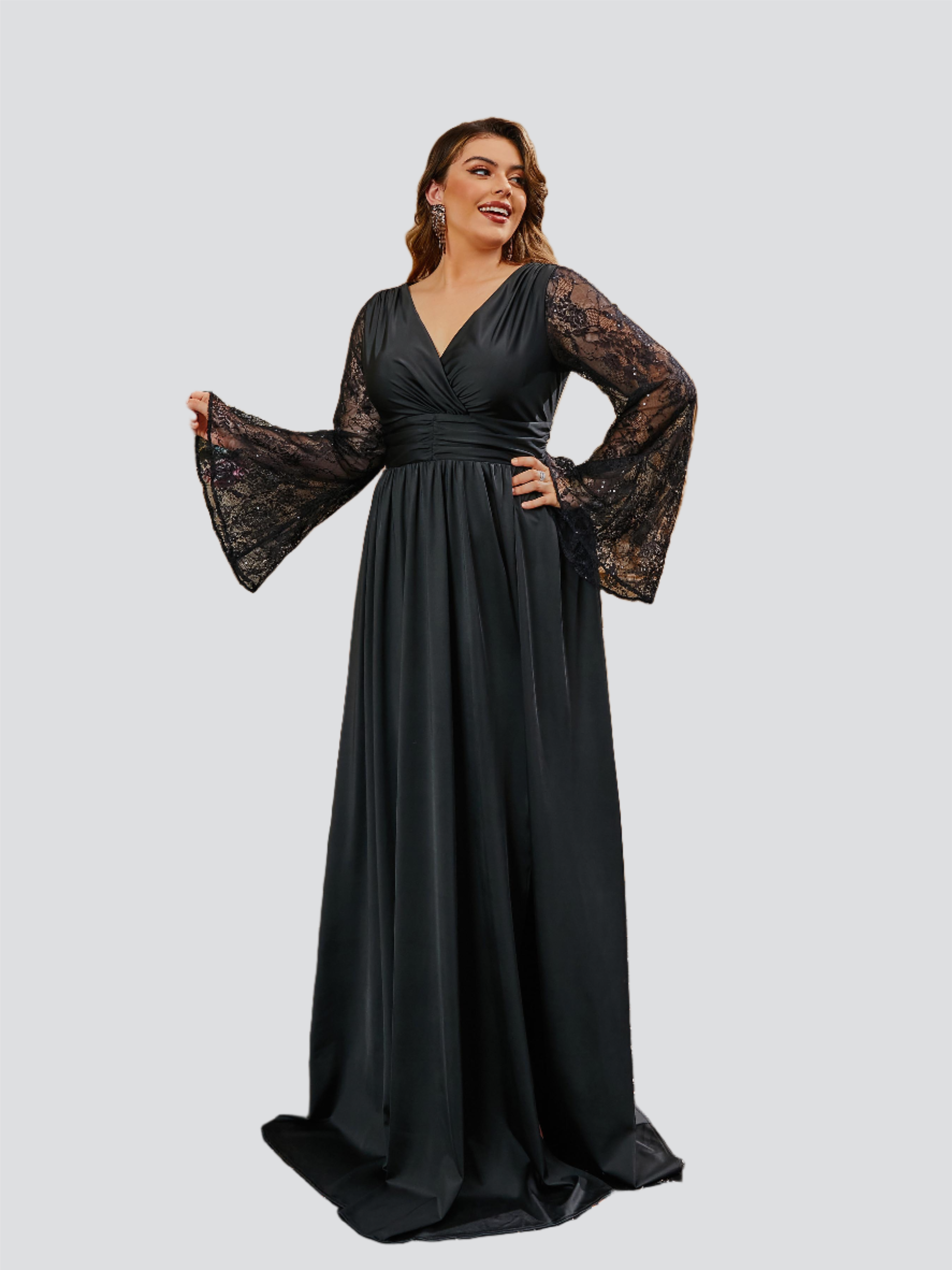 Plus Size Wrap Ruched Lace Sleeve Black Dress
