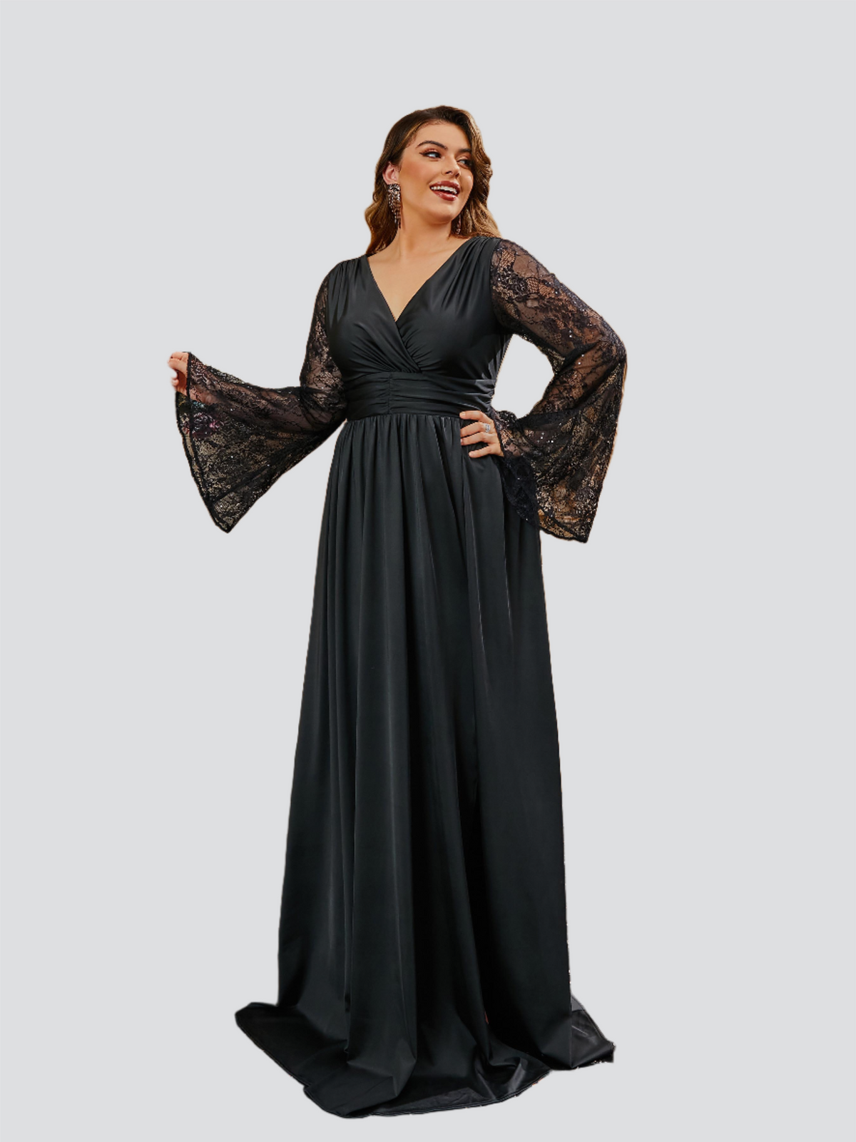 Plus Size Wrap Ruched Lace Sleeve Black Dress