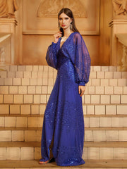 Blue V-neck Long Sleeve Sequin Prom Dress