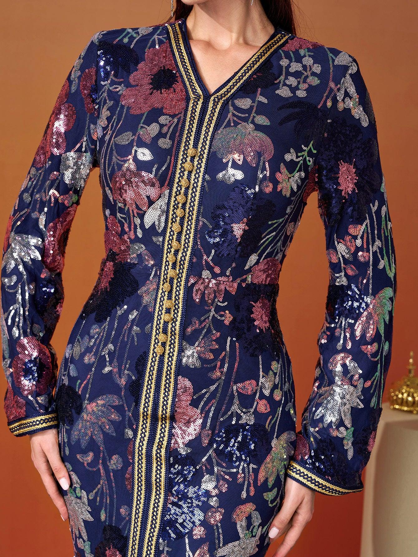 V-neck Floral Sequin Split Formal Dress