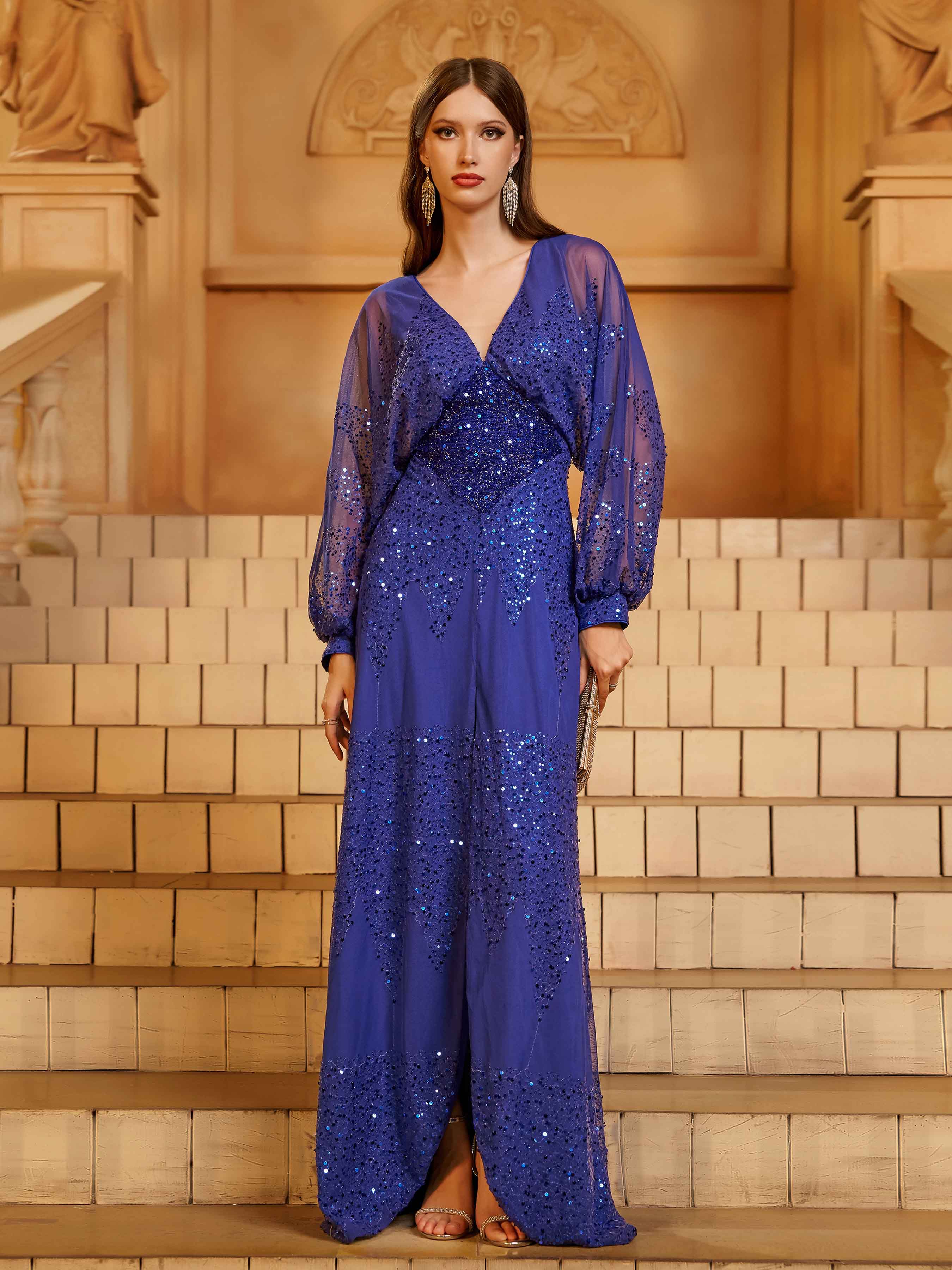 Blue V-neck Long Sleeve Sequin Prom Dress