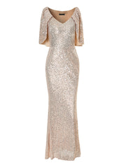 Puncho Back Puff Sleeve Sequin Evening Dress