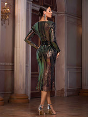 Plunging V-Neck Long Sleeve Sequin Bodycon Midi Dress