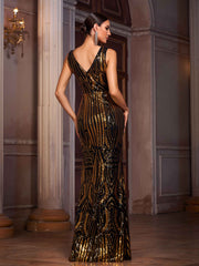 Irregular Striped V-neck High Slit sequin Prom Dress SL30022
