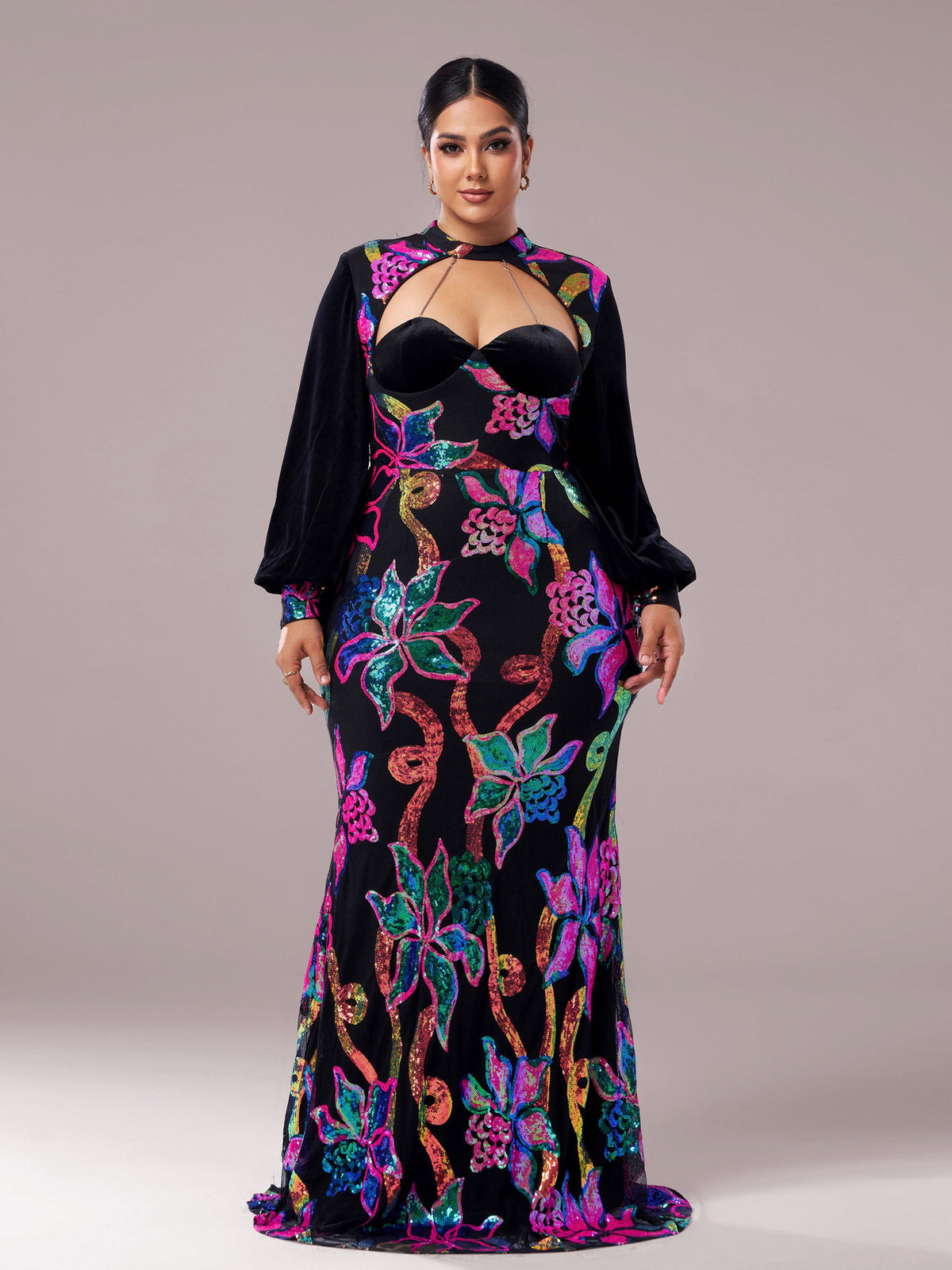 Plus Cutout Lantern Sleeve Mermaid Dress