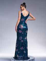 Floral Sleeveless Sequin Evening Dress