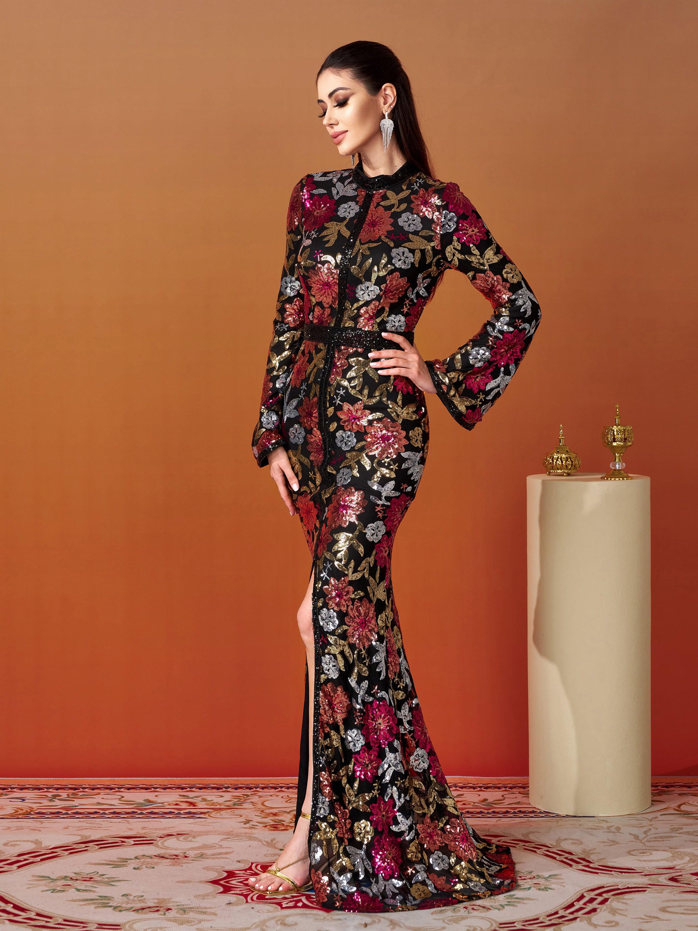 Vintage Floral Sequin Split Formal Dress