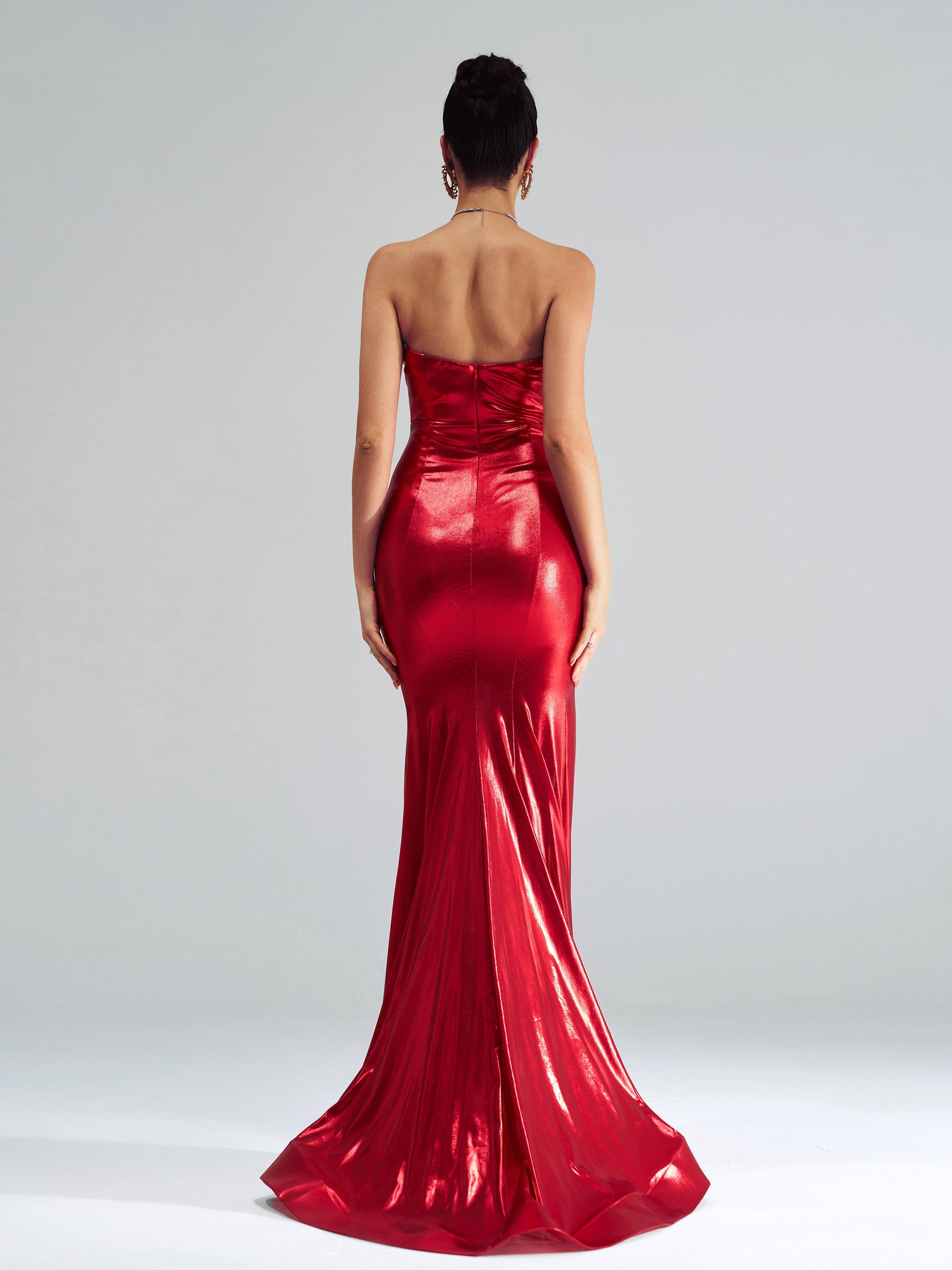 Red Panel Corset Satin Ruched Prom Dress