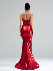 Red Panel Corset Satin Ruched Prom Dress