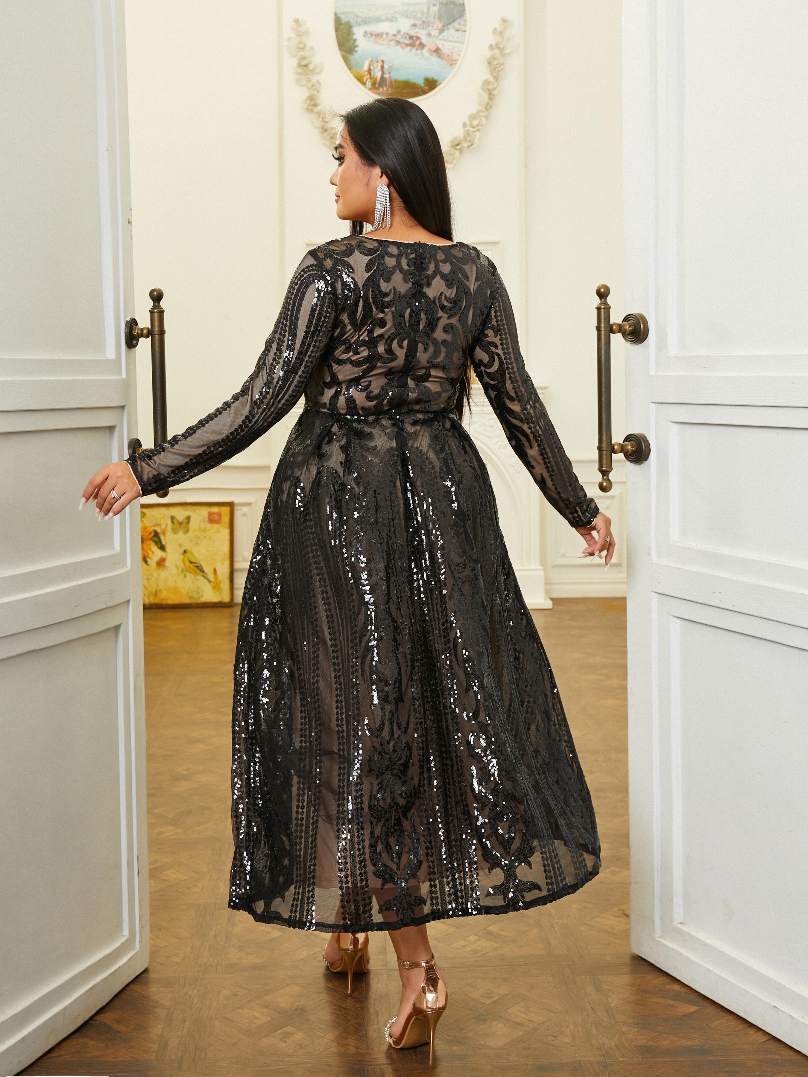 Plus V-neck Long Sleeve Sequin Dress