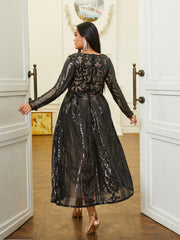 Plus V-neck Long Sleeve Sequin Dress