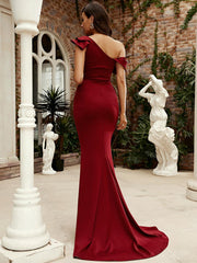 Ruffle Neck Floor Length Red Mermaid Prom Dress