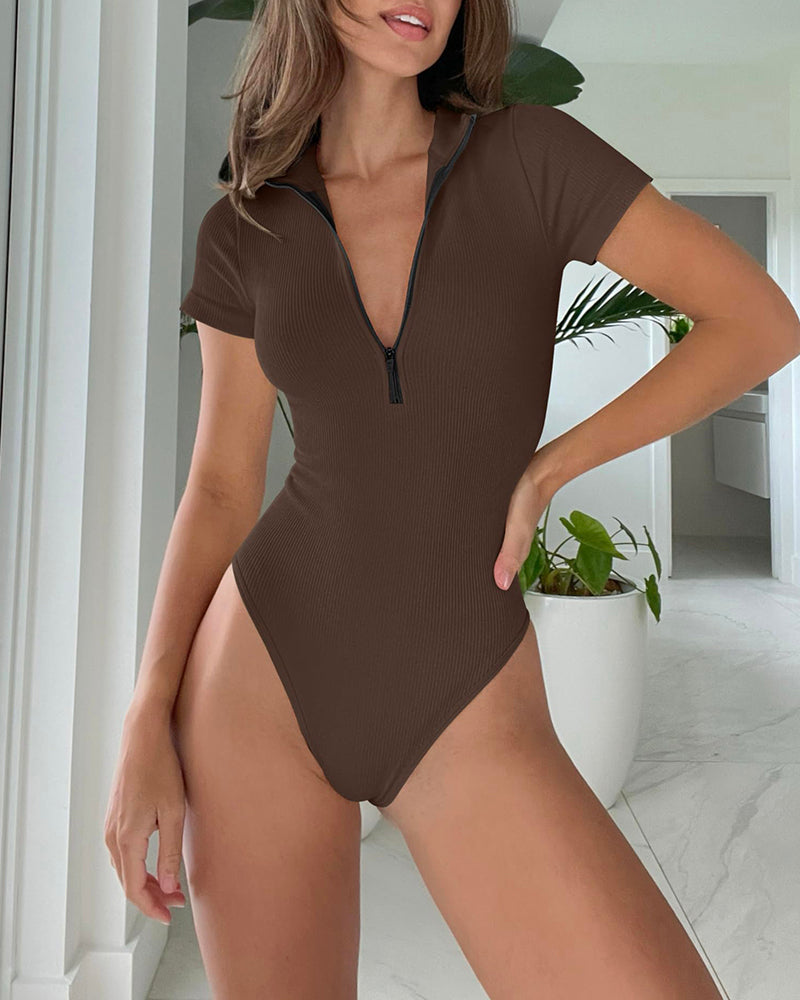 One-piece Short-sleeved Front-zip Briefs Jumpsuit