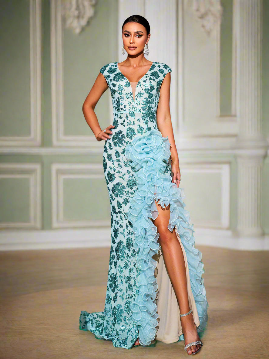 Sleeveless Ruffled Split Floral Sequin Dress