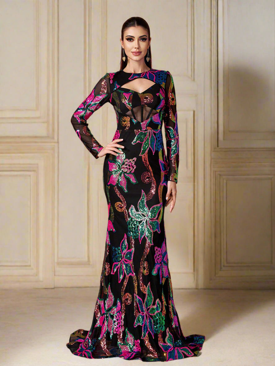 Long Sleeve Corset Cutout Floral Evening Dress