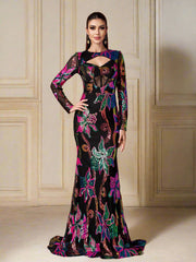 Long Sleeve Corset Cutout Floral Evening Dress