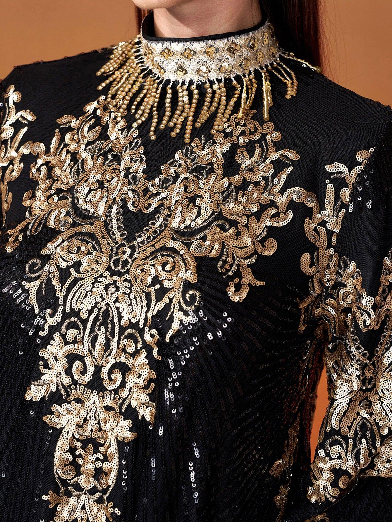 Stand Collar Bell Sleeve Sequin Dress