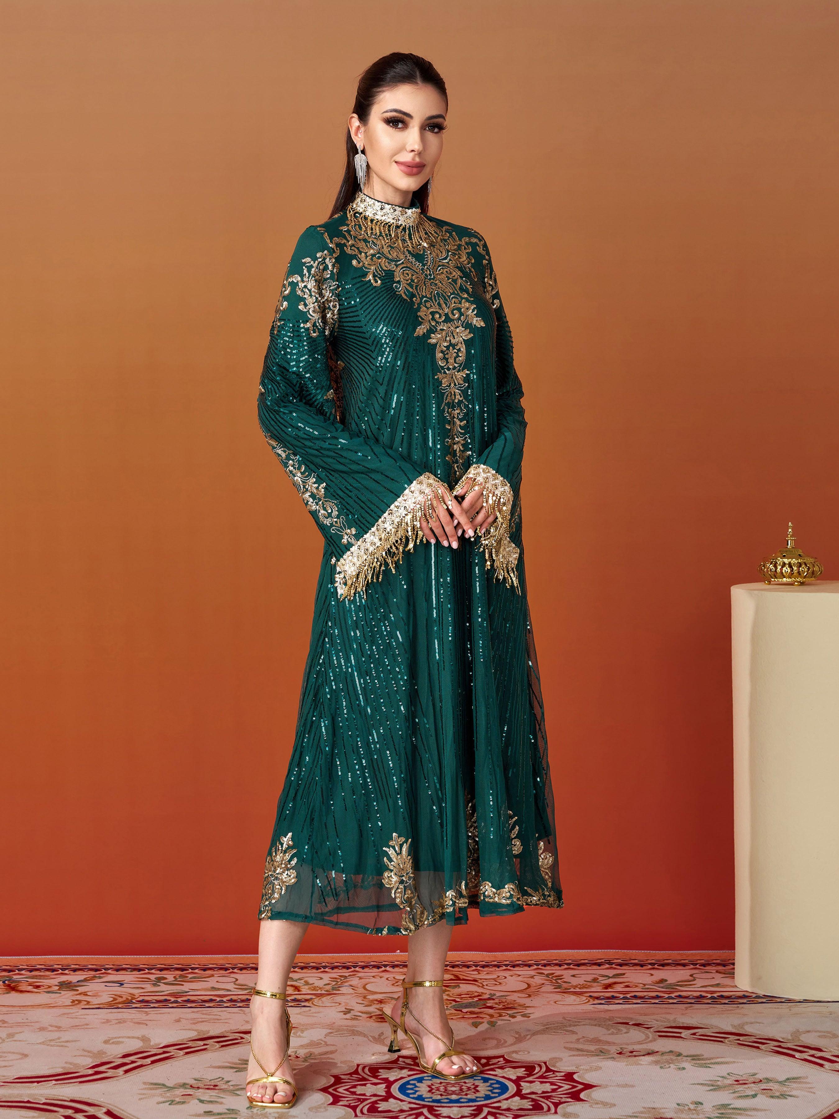 Stand Collar Bell Sleeve Sequin Dress