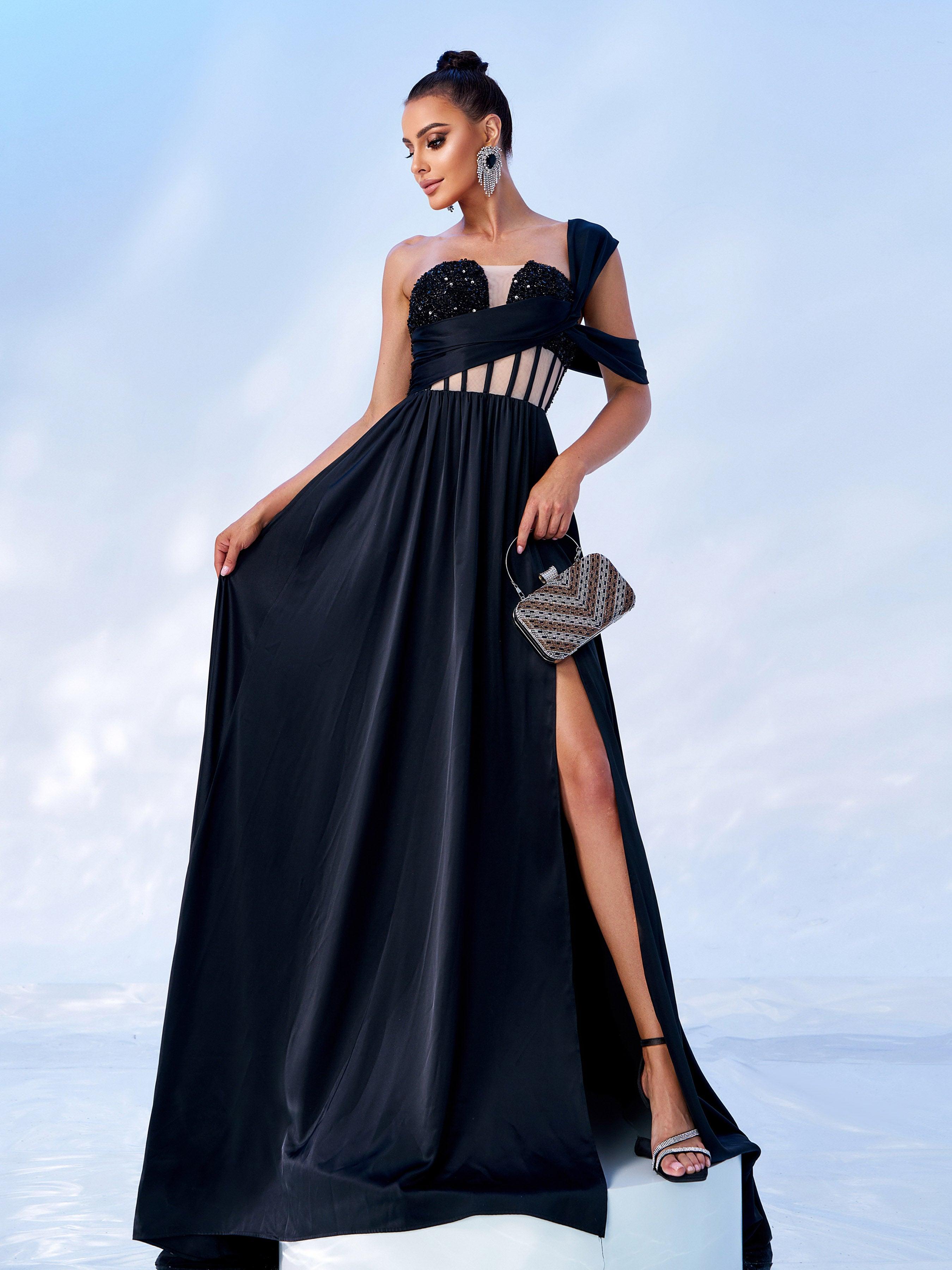 Black One Shoulder Corset Backless Evening dress